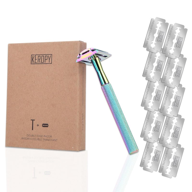 Keropy Safety Razor For Man With 10 Premium Stainless Steel Razor Blade Reusable Single Blade Razors For Men and Women, Double Edge Razor, Rainbow - Image 5